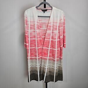 Ming Wang Open Knit Cardigan Long Line White Pink Medium Career Casual Luxury